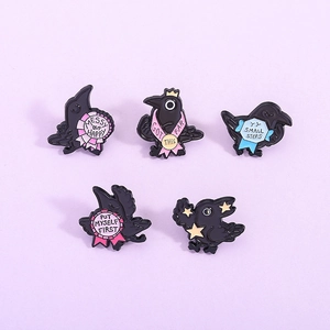 Set of five cute cartoon black crow enamel pins with inspirational motivational quotes
