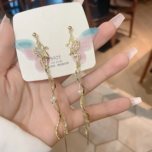 Butterfly Wing Tassel Earrings With 925 Sterling Silver Post Alloy Gold Plated Artificial Pearl Zirconia Fairy Dangle Women Jewelry