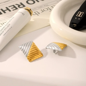Geometric two-tone textured earrings in gold and silver finish with retro pleated pattern