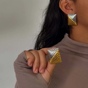 Two-tone gold and silver square earrings with textured geometric design for women