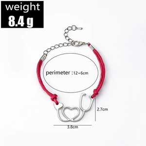 Red braided nurse bracelet with silver stethoscope heart charm and adjustable chain