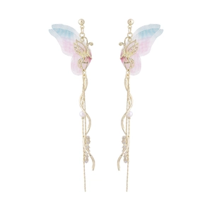 Fairy-style butterfly wing tassel earrings with blue-pink gradient tulle and tiny pearls