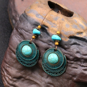Ethnic bohemian turquoise dangle earrings with bronze metal hooks and round pendants