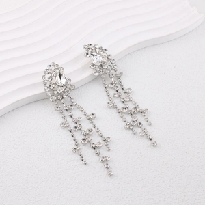 Elegant Long Tassel Rhinestone Earrings Zinc Alloy Shiny Silver Dangle Earrings With Stainless Steel Post For Women Wedding Jewelry