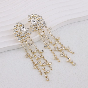 Elegant gold-tone long fringe tassel earrings with sparkling rhinestone floral clusters