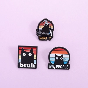 Three-piece set of funny black cat enamel pins with retro sunset and humor slogans