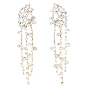 Luxurious long tassel drop earrings with sparkling crystals and gold frame for elegant look