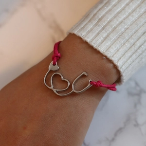 Handmade stethoscope heart charm bracelet with rose red cord for doctors and nurses