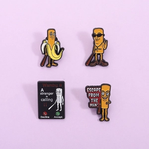 Creative enamel pin set featuring four unique stickman designs on a light purple background