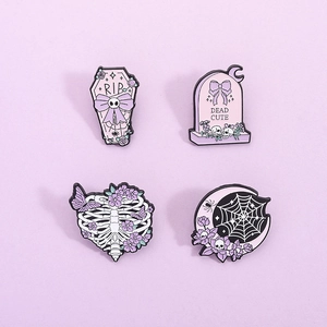 Gothic Halloween Enamel Pin Brooch Purple Zinc Alloy Skull Coffin Tombstone Rib Cage Decorative Badge Jewelry Accessory Unisex