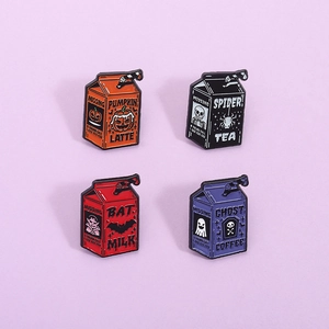 Creative Halloween Drink Enamel Pins Set Milk Box Shape Pumpkin Latte Ghost Coffee Bat Milk Spider Tea Metal Brooches