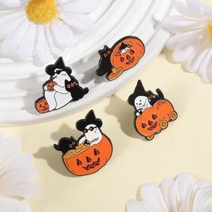 Close-up of Halloween enamel pins set featuring a ghost, black cat, and pumpkin details