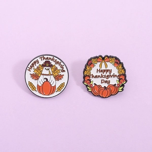 Thanksgiving enamel pins set featuring turkeys and pumpkins on a purple background