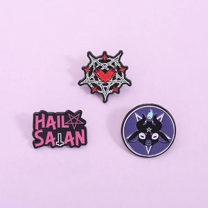 Three gothic enamel pins set featuring pentagram heart and baphomet goat design