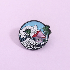 Ukiyo-e Great Wave and anime house enamel pin badge made of zinc alloy and soft lacquer