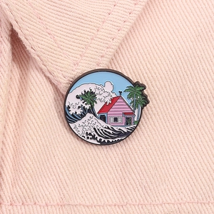 Creative Round Enamel Brooch Cartoon Wave Palm Tree House Pattern Badge For Clothing Backpack Hat Decor Accessories
