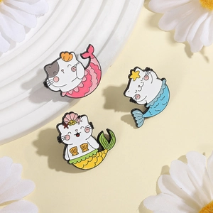 Trois broches créatives en émail de chat sirène en couleurs rose bleu et jaune
