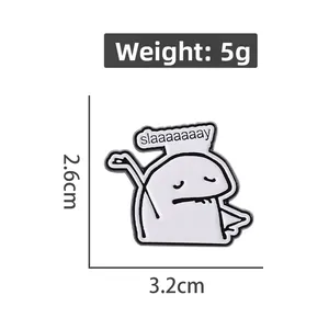 Detail showing Flork meme pin dimensions 2.6cm by 3.2cm and weight of 5 grams