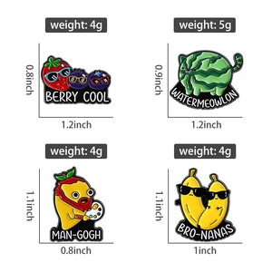 Detailed size and weight specs for funny fruit enamel pins including Watermeowlon and Man-Gogh