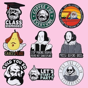 Set of 9 creative Karl Marx and Shakespeare enamel pins on a pink background