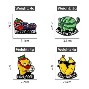 Detailed size specifications for fruit themed enamel pins with weight markers in grams