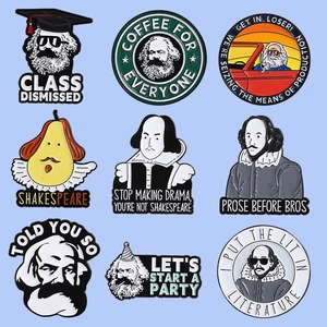 Creative enamel pins set featuring Karl Marx and Shakespeare in a 3x3 grid display