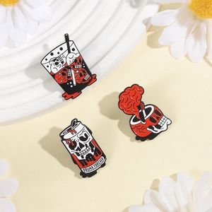 Macro shot of punk style skull drink pins featuring metal enamel art and gothic design