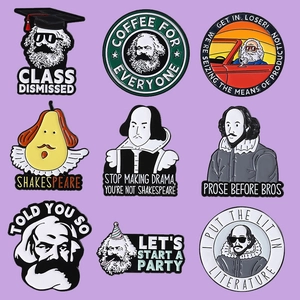 Detail view of nine creative enamel pins featuring Karl Marx and Shakespeare pop art designs