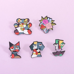 Abstract Art Enamel Animal Brooch Picasso Style Face Cat Dog Bear Floral Zinc Alloy Badge Pin Clothing Bag Decor Pin