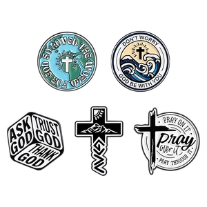 Set of five religious metal enamel pins with cross and mountain designs for clothing