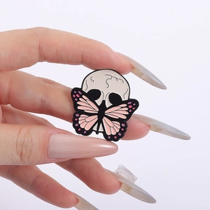 Gothic skull butterfly enamel pin brooch in pink and black for clothing accessories
