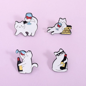 Funny Cartoon White Cat Enamel Pin Zinc Alloy Red Wine Cat Brooch Badge For Clothing Backpack Accessories Unique Jewelry Gift