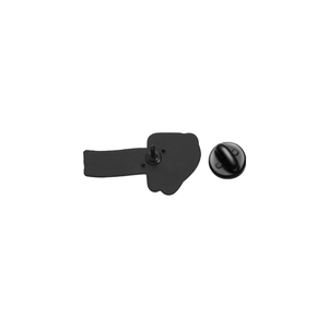 Detailed back view of enamel pin with matte black finish and black rubber clutch backing