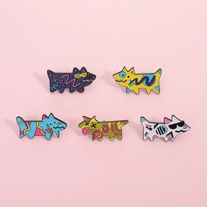 Set of five colorful geometric animal enamel pins in creative Memphis art style patterns