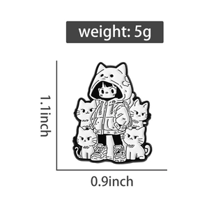 Tableau des tailles détaillé montrant les dimensions 1,1x0,9 pouces pour ce pin's chat