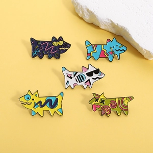Pop art animal dog brooch set with colorful geometric patterns on yellow background