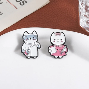 Cute cartoon cat enamel pins set featuring scientist and nurse styles for lab or medical decor