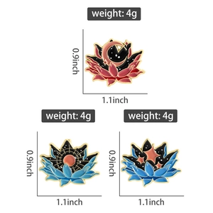 Detailed size specifications for lotus enamel pins showing dimensions of 1.1x0.9 inches