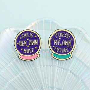 Creative enamel crystal ball brooch set with She Is Her Own Muse and future quotes