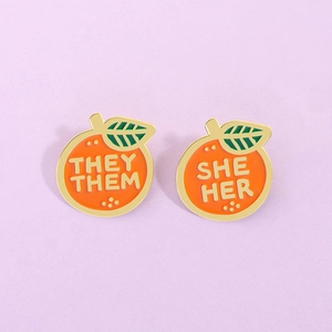 Zinc Alloy Orange Enamel Pin With Pronouns She Her They Them Fruit Shape Badge Creative Jewelry For Clothes Bags Decoration