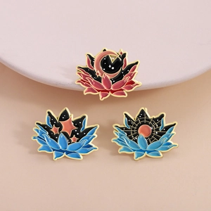Broche en Émail Vintage Lotus Motif Ciel Étoilé Lune Soleil Étoiles Badge en Alliage de Zinc pour Accessoires de Vêtements Homme Femme