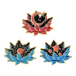 Set of 3 celestial lotus enamel pins featuring sun moon and stars in gold plating