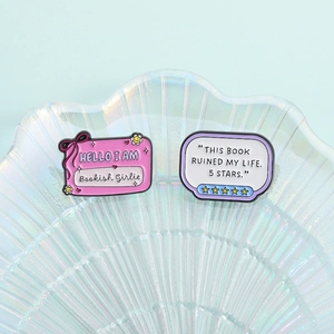 Bookish enamel pins set with Hello I Am Bookish Girlie and Five Stars funny text