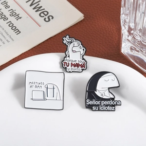 Creative Flork meme enamel pin set featuring funny stick figures in black and white finish