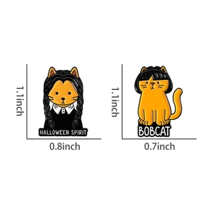 Detail view showing dimensions of Wednesday Addams style orange cat enamel pins