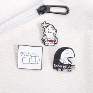 Funny Flork meme enamel pins set on white canvas bag showing unique comic expressions