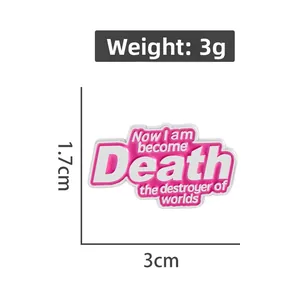 Macro view of pink metal quote brooch with detailed dimensions and 3g weight info