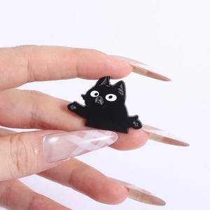 Funny black cat enamel pin with big round white eyes for cute clothing accessories