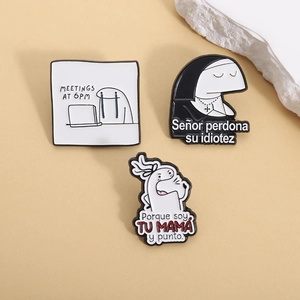Three-piece Flork enamel pin set with funny office and Spanish quote slogans