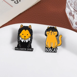 Gothic girl cat and bobcat enamel pins set with Halloween Spirit text on white tray